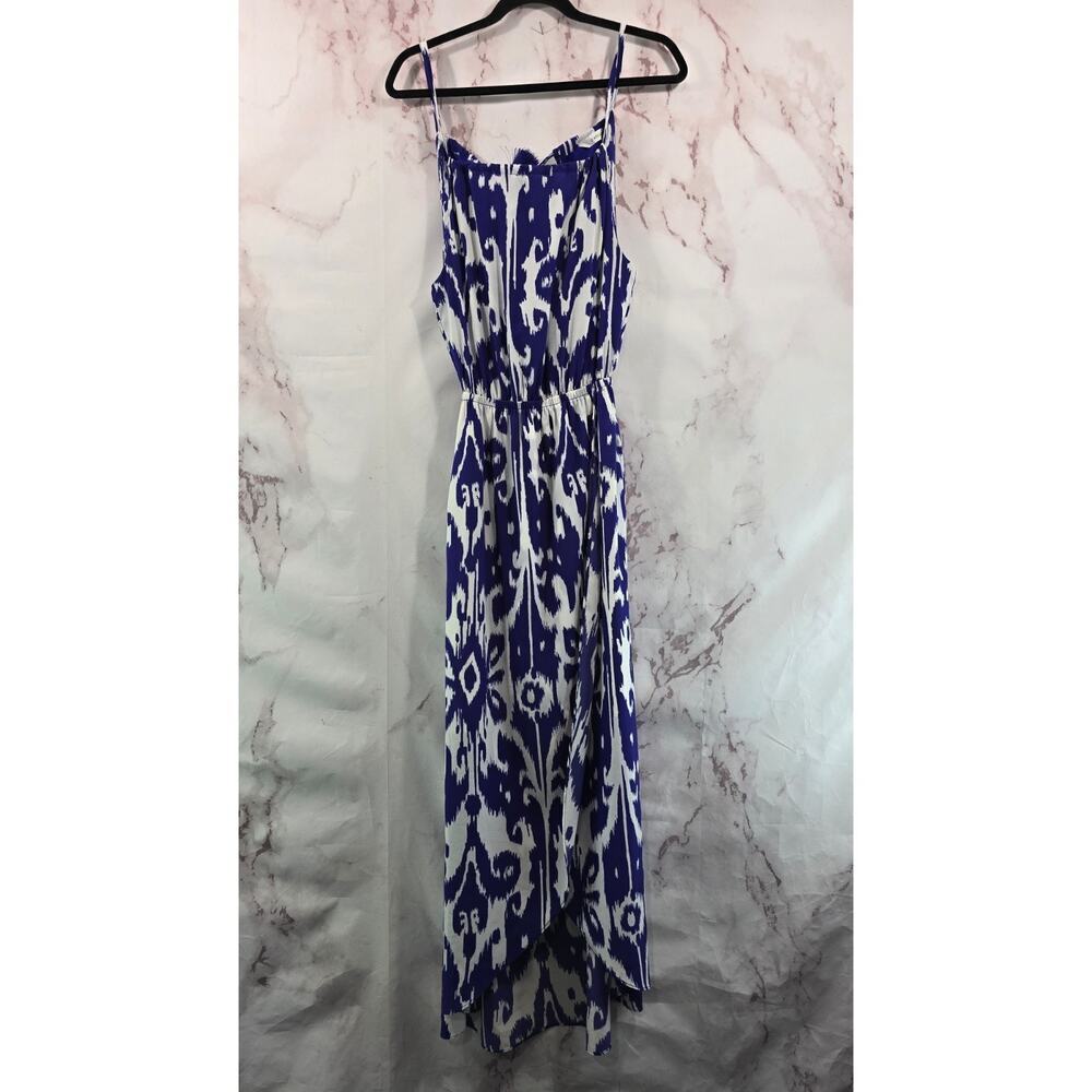 Athleta Dress Women XXS Blue White Tank Ikat Bloom Ruffle Slit Long Floor Halter